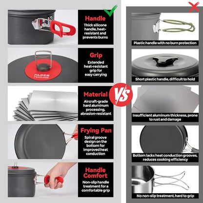 Alocs Camping Cookware Set - Lightweight Camping Cookware Mess Kit - Camping Pots and Pans Set - Camping Cooking Gear with Portable Carry Bag for Outdoor Backpacking Hiking and Picnic