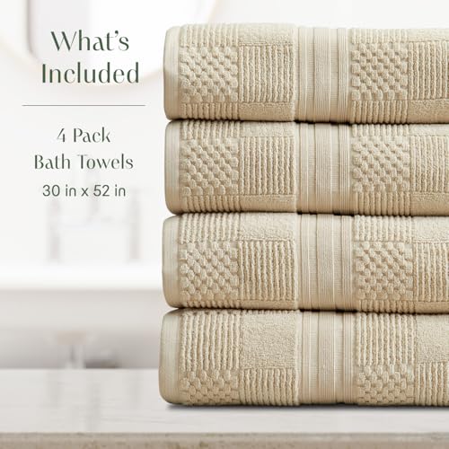 Springtree Home 100% Cotton Bath Towel Set of 4 | Beige Towels | Geometric Textured Design | Absorbent & Quick-Dry | 4 Bath Towels | Oeko-TEX® Standard 100 Cotton | Myla Collection - Sandshell - color: Sandshell, size: Bath Towel (4 Pack)