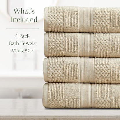 Springtree Home 100% Cotton Bath Towel Set of 4 | Beige Towels | Geometric Textured Design | Absorbent & Quick-Dry | 4 Bath Towels | Oeko-TEX® Standard 100 Cotton | Myla Collection - Sandshell - color: Sandshell, size: Bath Towel (4 Pack)
