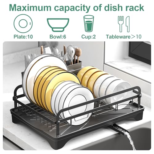 Dish Drying Rack for Kitchen Counter, Large Dish Drying Rack with Utensil Holder & Cutlery Tray, Dish Drainer with Drainboard, Black - color: 1 Tier - Black