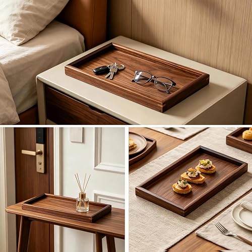 Solid Black Walnut Wood Serving Tray with Raised Edges, 11.8 x 7.8 Inch Rectangular Wooden Decorative Platter for Coffee Table, Kitchen, Bathroom Vanity, Breakfast & Home Decor