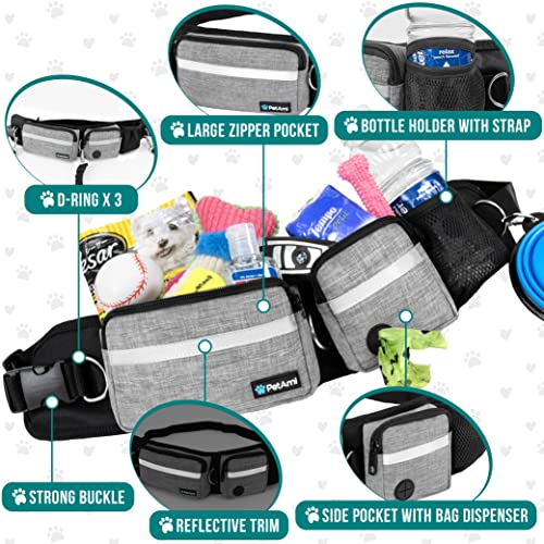 PetAmi Hands Free Dog Leash Belt Bag for Walking, Jogging - Double Zipper Pouch with Poop Bag Dispenser, Dual Padded Handles Reflective Bungee Leash, Single (Heather Grey) - color: Heather Grey, size: 1 Leash