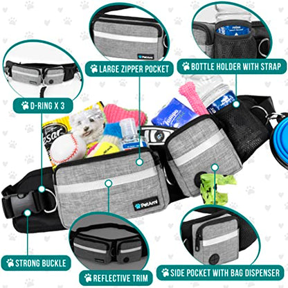 PetAmi Hands Free Dog Leash Belt Bag for Walking, Jogging - Double Zipper Pouch with Poop Bag Dispenser, Dual Padded Handles Reflective Bungee Leash, Single (Heather Grey) - color: Heather Grey, size: 1 Leash