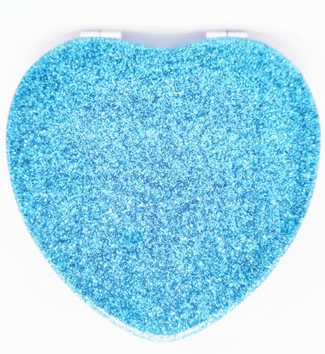 Cute Heart Shaped Compact Mirror for Purse,Blue Travel Mirror with Glitter,Leather Small Pocket Mirror,Portable 2 x 1x Magnification Folding Makeup Mirror,Cosmetic Mirror for Gift - color: Blue-heart Shape