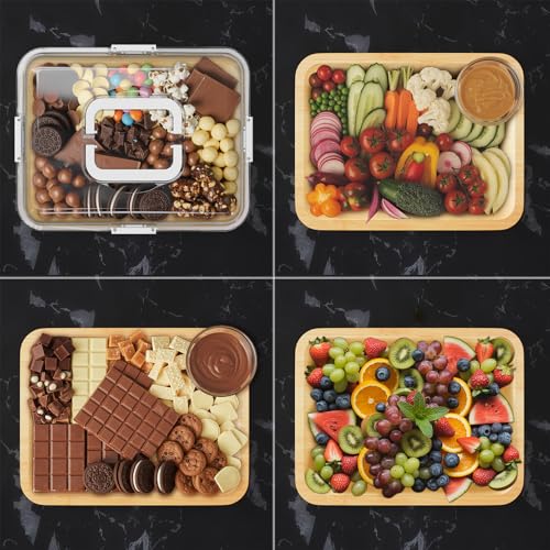 SpaceAid Charcuterie Board with Clear Lid, Portable Travel Cheese Cutting Boards for Picnic Accessories, Bamboo Serving Tray with Lids, House Warming Gifts, White Handles, 1 Compartments - color: White Handles, 1 Compartment