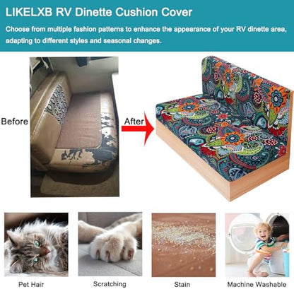 RV Dinette Cushion Covers Set of 2, Printed Camper Cushion Slipcovers, Washable Anti Slip Stretch Fabric (Paisley Pattern) - color: Blue Green, size: 2 Bench Cover & 2 Backrest Cover
