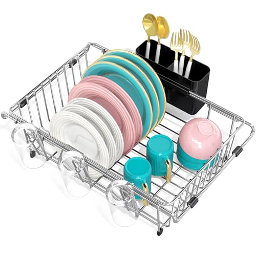 Urackify Dish Drying Rack in Sink, Stainless Steel Expandable Over the Sink Dish Rack with Utensil Holder & Cup Holder, Kitchen Drying Rack for Inside Sink, 15.35" x 11.02" x 4.84", Silver - color: Silver, size: Expandable - 15.35"~23.23“ x 11.02" x 4.84"