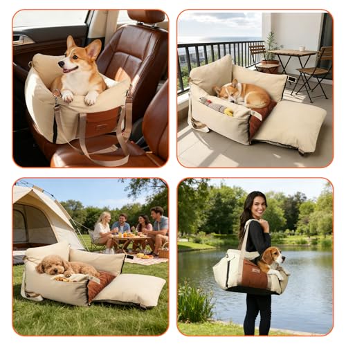 Dog Car Seats for Small Dogs, Waterproof Puppy Car Seat with Side Handles and Large Pockets, Clip-On Safety Leash and PP Cotton Filling, Pet Booster Seat for Small Dog up to 25lbs (Apricot) - color: Apricot