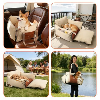 Dog Car Seats for Small Dogs, Waterproof Puppy Car Seat with Side Handles and Large Pockets, Clip-On Safety Leash and PP Cotton Filling, Pet Booster Seat for Small Dog up to 25lbs (Apricot) - color: Apricot