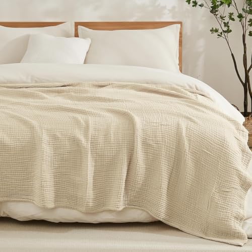 EMME Cotton Blanket King Size for Bed Soft Muslin Blankets 108"x90" Beige Lightweight Breathable Layering Bedspread Coverlet All Season Gauze - color: 02 - Beige, size: King (108" x 90")