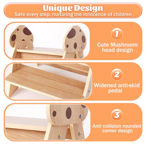 Beech Wooden Toddler Step Stool, 2-Step Foldable Stool for Kids with Non-Slip Surface, Baby Bathroom Stool for Potty Training, Bathroom Sink, Kitchen Counter with Cute Mushroom Design - style: Mushroom