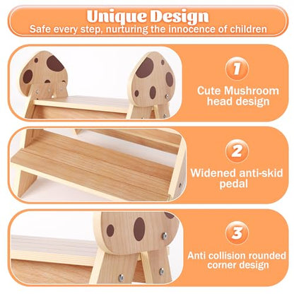 Beech Wooden Toddler Step Stool, 2-Step Foldable Stool for Kids with Non-Slip Surface, Baby Bathroom Stool for Potty Training, Bathroom Sink, Kitchen Counter with Cute Mushroom Design - style: Mushroom