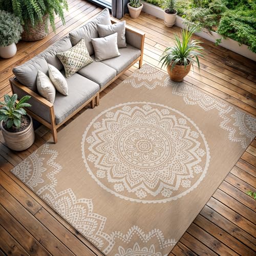 CAMILSON Outdoor Rug 9x12 Modern Area Rugs for Large Indoor and Outdoor Patios and Porches - Waterproof Washable Non-Shedding Easy-to-Clean Outside Carpet (9 x 12, Medallion - Beige/White) - color: Medallion - Beige / White, size: 9' x 12' (Rectangular)