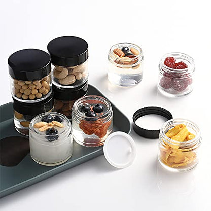 Small Glass Jars with Lids, 3 pack 2 oz Bumobum Clear Jars with Black Lids, Blank Labels & Inner Liners, 60 ml Empty Round Cosmetic Containers for Sample, Powder, Cream, Lotion, Spice