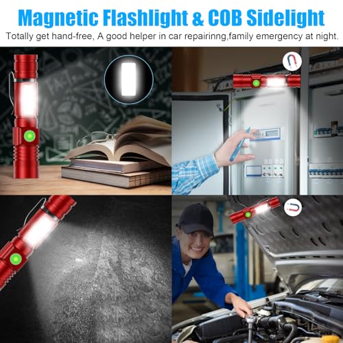 Hoxida Flashlight USB Rechargeable, Magnetic LED Flashlight, Super Bright LED Tactical Flashlight with Cob Sidelight, Waterproof, Zoomable Best Small LED Flashlight for Camping, Emergency -Red - color: Red
