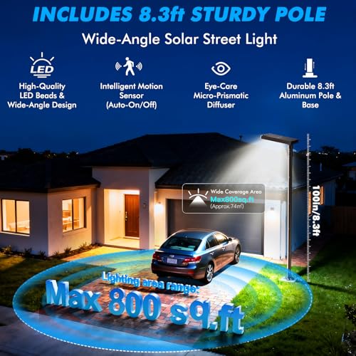 100" Solar Outdoor Street Lights with Pole & Remote, IP65 Waterproof 420 LEDs Solar Security Flood Motion Lights, Dusk to Dawn Solar Post Lamp for House, Yard, Garden, Patio, Lawn, Garage, Driveway - size: 100'' Height with die-cast base
