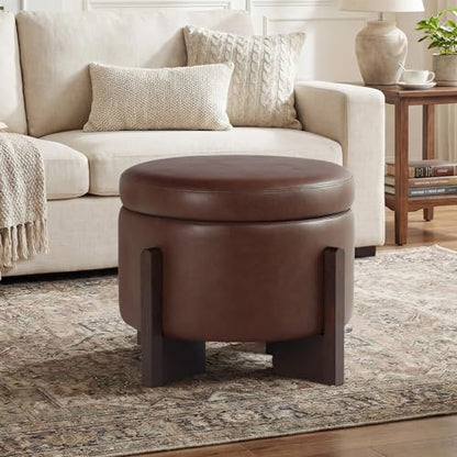 Faux Leather Round Ottoman, 22 Inch Storage Ottoman,PU Leather Ottoman,Multi-Functional Footrest for Living Room & Bedroom,Apartments (Dark Brown, Round) - color: Dark Brown