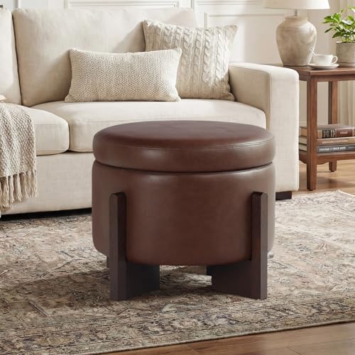 Faux Leather Round Ottoman, 22 Inch Storage Ottoman,PU Leather Ottoman,Multi-Functional Footrest for Living Room & Bedroom,Apartments (Dark Brown, Round) - color: Dark Brown