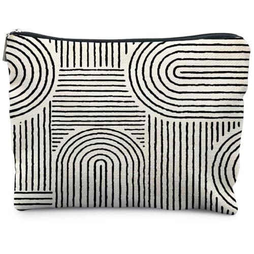 Abstract Minimalist Black and White Makeup Bag, Aesthetic Boho Rainbow Line Art Cosmetic Bags for Women, Boho Gifts for Women, Contemporary Modern Zipper Makeup Pouch - color: Black and white lines - 1