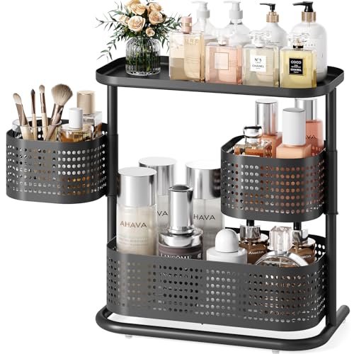 3 Tier Bathroom Counter Organizer, Rotating Countertop Vanity Storage Cabinet with Standing Shelf, Cosmetic Holder for Skincare & Makeup, Kitchen Spice Rack, Bedroom Nightstand Organizer, Black - color: BLACK