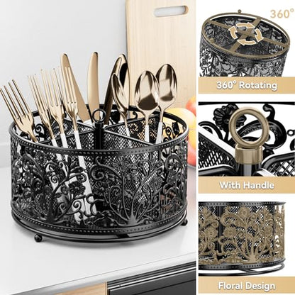 YIUKEA 360° Rotating Utensil Caddy - Silverware Cutlery Caddy Holder with 4 Compartment, Metal Flatware Organizer Countertop with Handle for Party Camping Picnic, Kitchen Counter, Office (Black) - color: Black