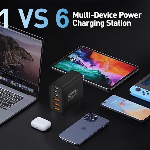 65W USB C Charger Block,6-Port Multi Device Fast Charger PD QC Wall Adapter | GaN technology saves space and reduces heat,ideal for home,office,travel,wide compatibility for iphone and USBC devices（Black - color: Black