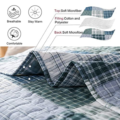 Quilt Set Queen Size Plaid Bedspread Coverlet Queen Quilt Set Bedding Mens Boys Quilt Bedspread Patchwork Bedding Home Modern Soft Lightweight Coverlet Reversible Quilt Bed Spread with 2 Pillow Shams - color: Blue Green Black, size: Full/Queen
