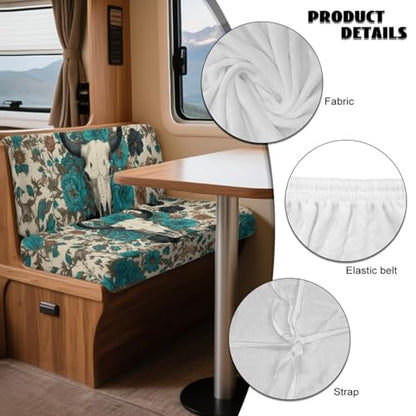 Cow Skull Peony Print 2 Pack RV Dinette Cushion Covers Stretch Camper Cushion Slipcover Pet-Friendly RV Couch Cover Fuzzy Sofa Slipover for Travel Trailer Couch - color: Cow Skull Peony