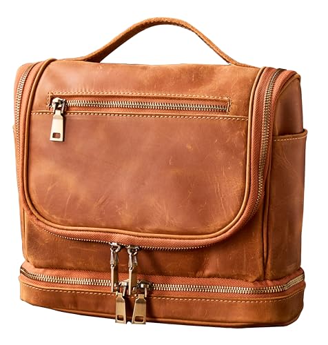 EURYNOME Travel Toiletry Bag For Men, Genuine Leather Shaving Dopp Kit Bottom Storage Holds More (11x8.6x4.7)-Mens Toiletry Bag -Leather Makeup Cosmetic Organizer Kit - Men Travel Toiletries Bag - color: Brown