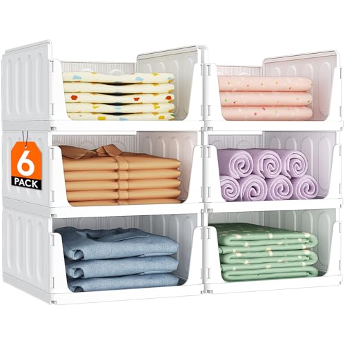 Lifewit 6 Pack Stackable Closet Organizers and Storage Basket for Clothes, Plastic Sweater Storage Bins for Wardrobe, Stacking Clothing Containers for RV, Pantry, Shelf, Kitchen, Dorm, 14" Depth - size: 14" Depth