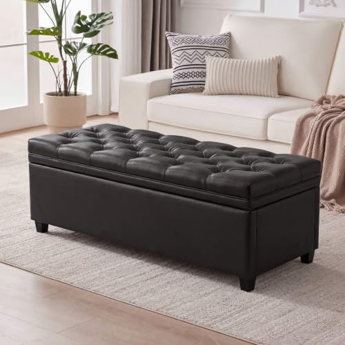 Mangodan 43" Storage Ottoman Bench, Tufted Ottoman with Storage for Living Room, Large End of Bed Ottomans, Modern Entryway Benchs, Window & Bedroom Benches for Foot of Bed (Faux Leather Black) - color: Faux Leather Black