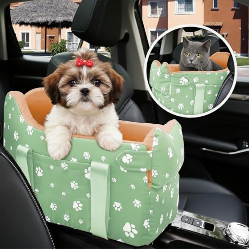 Dog Center Console Car Seat for Small Dogs Under 15lbs,Detachable Washable Booster Pet Car Seat Travel Bed with Storage Pockets and Seat Belt(Green) - color: Green