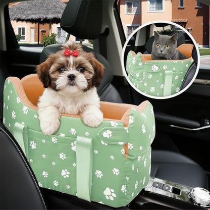 Dog Center Console Car Seat for Small Dogs Under 15lbs,Detachable Washable Booster Pet Car Seat Travel Bed with Storage Pockets and Seat Belt(Green) - color: Green