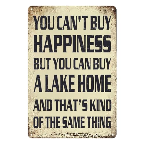 Lake House Decor Lake House Gifts Vintage Metal Tin Sign You Can't Buy Happiness But You Can Buy A Lake Home Signs Outdoor Cabin Decor Lake Life Wall Decorations - color: yellow