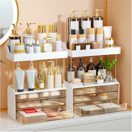 StorBin 2 Sets 6 Drawers Makeup Organizer – 5 Tier Bathroom Organizers and Storage, Versatile Perfume Vanity Organizer, Ideal for Cosmetic, Large Skincare, Face Mask, Office Supplies, Amber - color: Amber, size: 6 Drawers