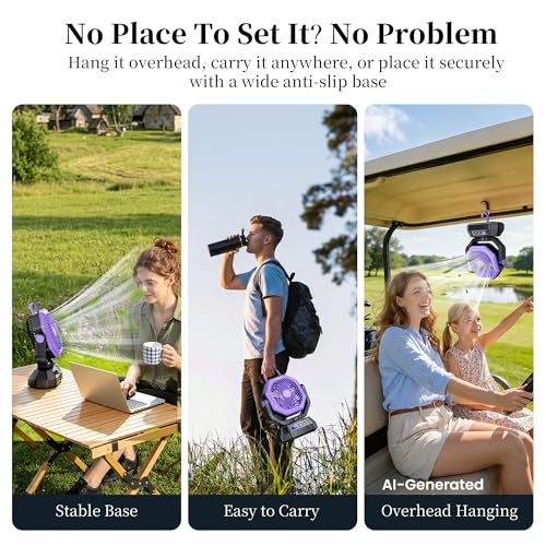 AJVV Camping Fan with Light, Remote and Oscillation, Battery Powered Hanging Tent Fan, Rechargeable Portable for Camp, Outdoor, Emergencies, Fishing, RV Travel, Jobsite - color: Purple