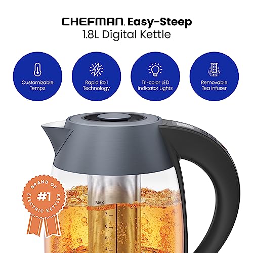 Chefman Digital Electric Kettle with Rapid 3 Minute Boil Technology, Custom Steep Timer & Temperature Presets, Bonus Tea Infuser, Rust & Discoloration Proof, 1.8 Liter, Grey, 1500W - color: Grey, style: Glass with Tea Infuser