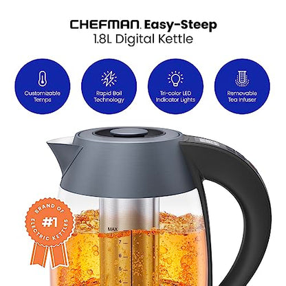 Chefman Digital Electric Kettle with Rapid 3 Minute Boil Technology, Custom Steep Timer & Temperature Presets, Bonus Tea Infuser, Rust & Discoloration Proof, 1.8 Liter, Grey, 1500W - color: Grey, style: Glass with Tea Infuser