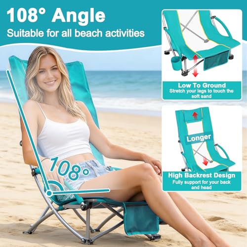 Romswi Compact High Back Beach Chair, Lightweight Low Seat Travel Chair, Beach Chair Fits in Suitcase, 400lbs Heavy Duty Folding Camping Chair with Cup Holder & Pocket, Green - color: Green - High Back