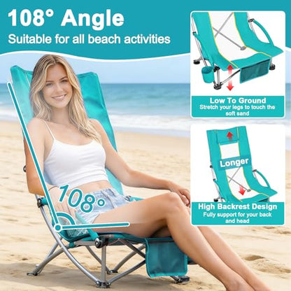 Romswi Compact High Back Beach Chair, Lightweight Low Seat Travel Chair, Beach Chair Fits in Suitcase, 400lbs Heavy Duty Folding Camping Chair with Cup Holder & Pocket, Green - color: Green - High Back