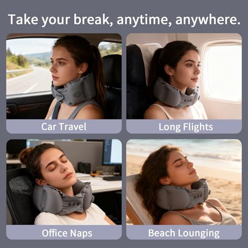 Inflatable Travel Neck Pillow with Adjustable Neck & Chin Support, 2-in-1 Built-in Pump and Storage Bag – Lightweight, Ideal for Airplane, Train, Car, Travel, Office, Home(Red) - color: Red