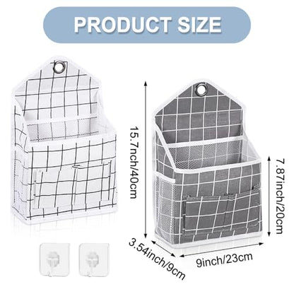 2PC Wall Hanging Storage Bag Organizer Baskets Caddy Closet (Grey+Beige) | Over The Door Hanging Basket with Pockets and Adhesive Hooks Wall File Organizer for Bedroom Kitchen Office Dormitory