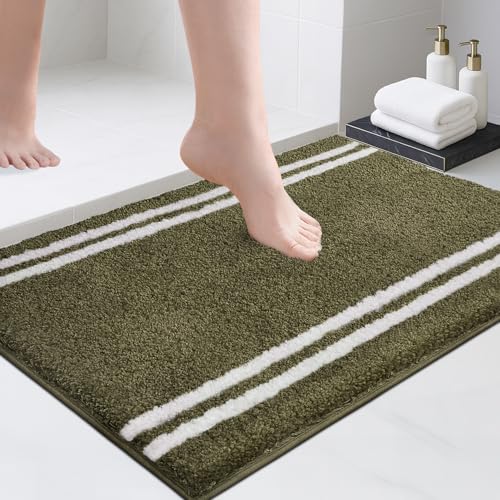 PURRUGS Bathroom Rug Non-Slip Machine Washable 20" x 30", Super Absorbent and Quick Dry Shaggy Microfiber Bath Mat, Extra Soft and Plush Bath Rug for Bathtub, Shower, and Sink, Olive Green - color: Olive Green, size: 20" X 30"