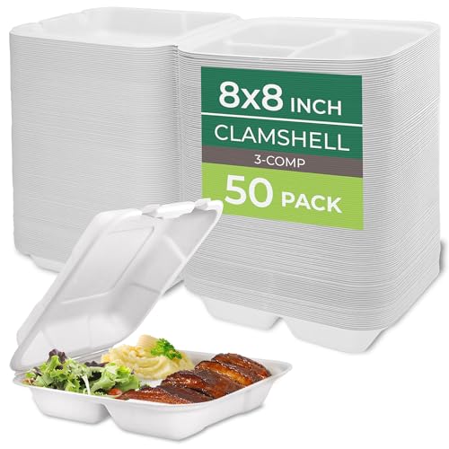 Freshware Compostable Clamshell Food Containers [8x8"] 3-Compartment 50-Pack, Disposable Containers, Biodegradable Sugarcane to Go Boxes - Paper Food Containers - Microwave & Freezer Safe, Stackable - size: 8 x 8 Inch [50 Pack]