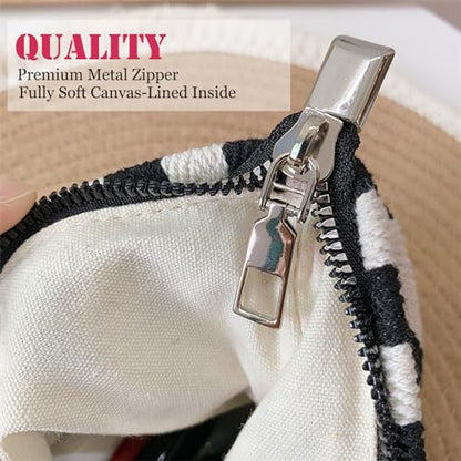 HAPPYHEIDI Small Black White Stripe Makeup Brush Bag Zipper Pouch Women Girls Purse Organizer,Canvas Lined, Premium Zipper - color: Classic Black White Stripes Medium