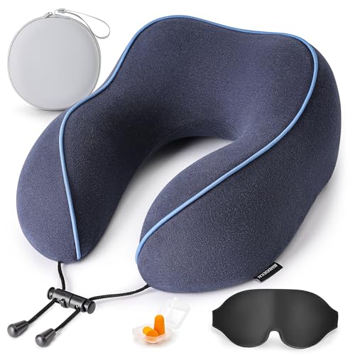 Travel Neck Pillow for Sleeping,100% Pure Memory Foam, Soft Head Support | Washable Cotton Cover,Comes with 3D Eye Mask,Earplugs,Storage Bag,Ideal Travel Gift,Relieve Neck Pressure,Blue - color: Navy Blue
