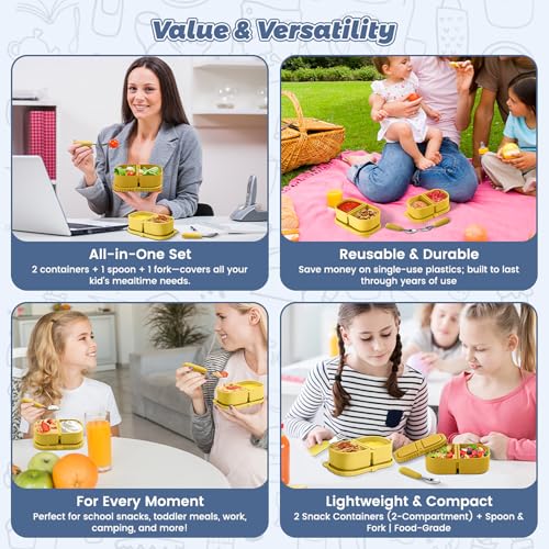 Silicone Snack Containers for Kids (8.5Oz, 2-Compartment)+ Kids Silicone Cutlery Set (Spoon and Fork) - BPA Free, Leak Proof, Great for Toddler/Kid/Adult Meal Prep Containers (yellow) - color: Yellow