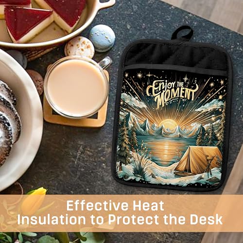 Boho Sun Starry Forest Camping Pot Holders with Pockets, Gifts for Camping Lovers, Enjoy the Moment Oven Pot Holders Heat Resistant Oven Mitts Hot Pads for Kitchen Baking Cooking - color: Campfire-a