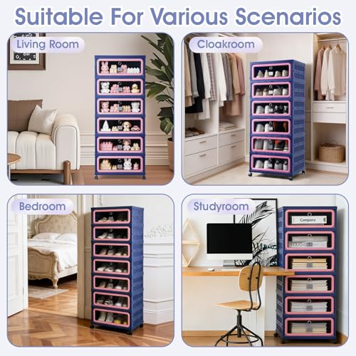 SAYMA Foldable Shoe Rack Organizer, Collapsible Shoe Cabinet with Magnetic Clear Door, Large Plastic Folding Shoe Cabinet, Easy Assembly Shoe Shelves Organizer for Entryway, 6 Tiers-12Pairs - size: 6 Tiers Blue & Pink