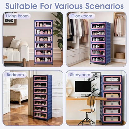 SAYMA Foldable Shoe Rack Organizer, Collapsible Shoe Cabinet with Magnetic Clear Door, Large Plastic Folding Shoe Cabinet, Easy Assembly Shoe Shelves Organizer for Entryway, 6 Tiers-12Pairs - size: 6 Tiers Blue & Pink